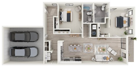 a 2 bedroom floor plan with a car and a balcony